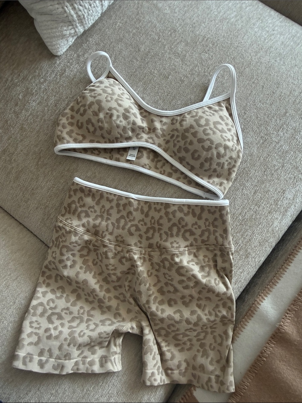 Beige Leopard Print Bralette & High-Waist Shorts Set with White Trim